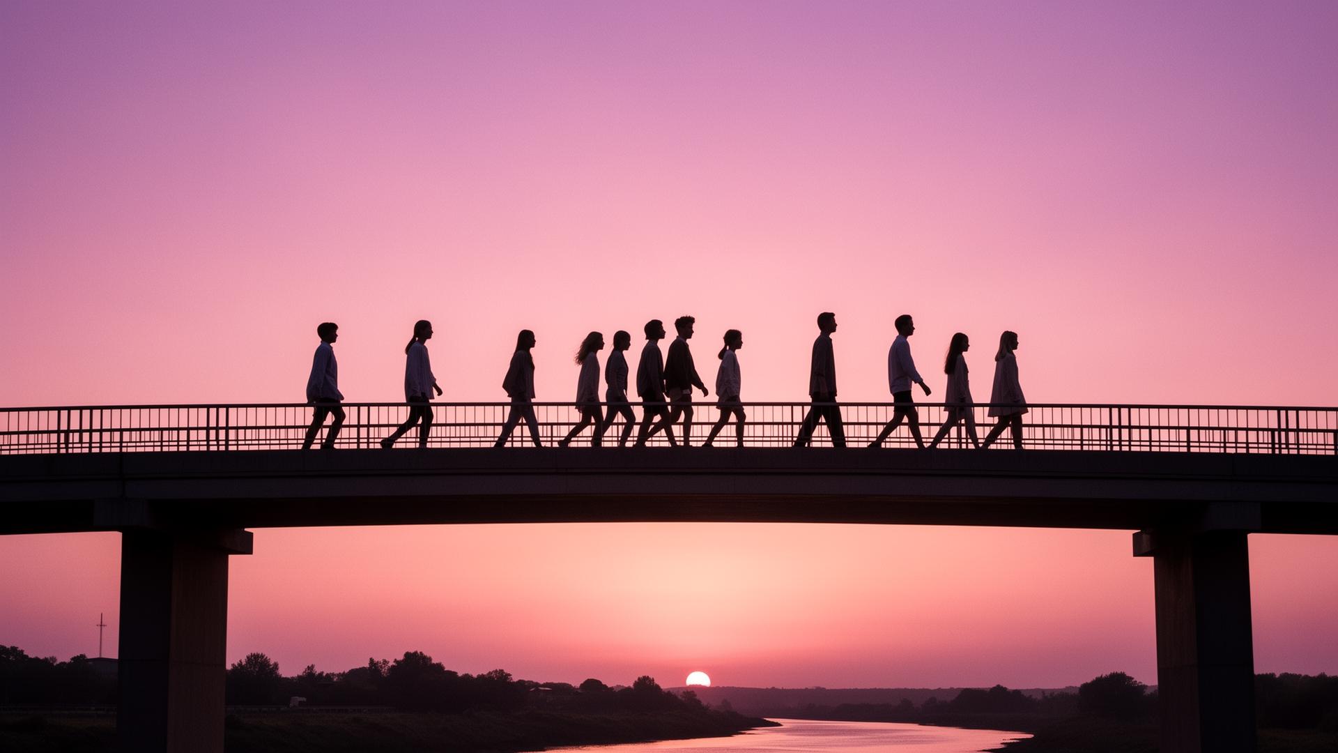 Silhouettes of diverse young people walking together across a bridge at sunset
